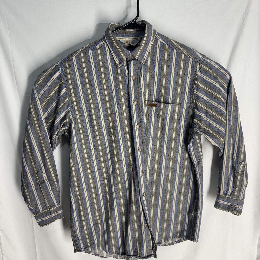 Vintage Mens Carhartt L Large Stripe Denim Outdoor Work Shirt‎ Made in USA